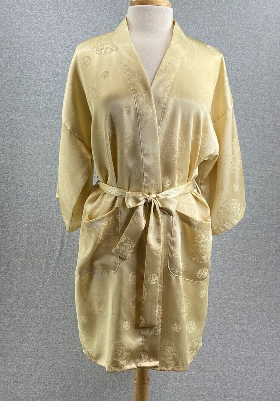 Silk Fashion Robe Womens Extra Large Gold Silk Oriental Kimono Wrap Pockets